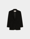 A black long-sleeve blazer with notch lapels, displayed flat against a light gray background.