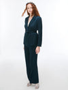 woman wearing dark deal suit and silver heels