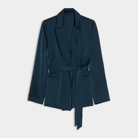 A dark teal blue wrap jacket with a tie belt, displayed flat against a light gray background.