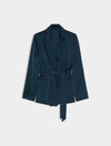 A dark teal blue wrap jacket with a tie belt, displayed flat against a light gray background.