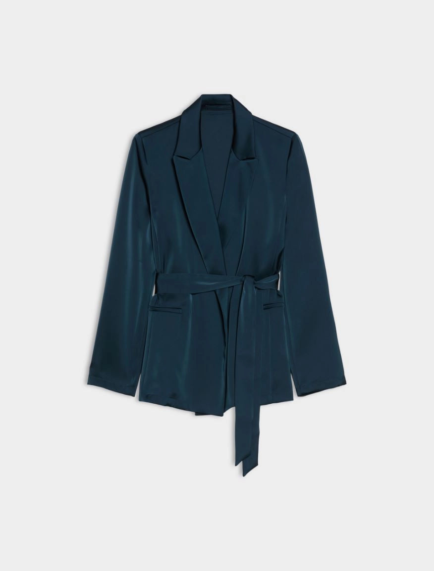 A dark teal blue wrap jacket with a tie belt, displayed flat against a light gray background.
