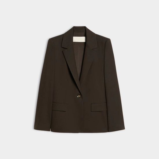 A dark brown single-breasted blazer with notch lapels and flap pockets, displayed flat against a light gray background.