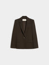 A dark brown single-breasted blazer with notch lapels and flap pockets, displayed flat against a light gray background.