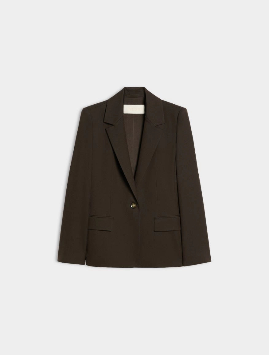 A dark brown single-breasted blazer with notch lapels and flap pockets, displayed flat against a light gray background.