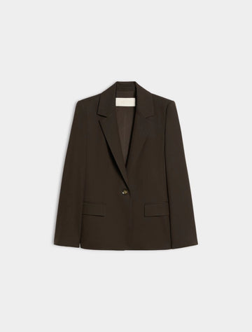 A dark brown single-breasted blazer with notch lapels and flap pockets, displayed flat against a light gray background.