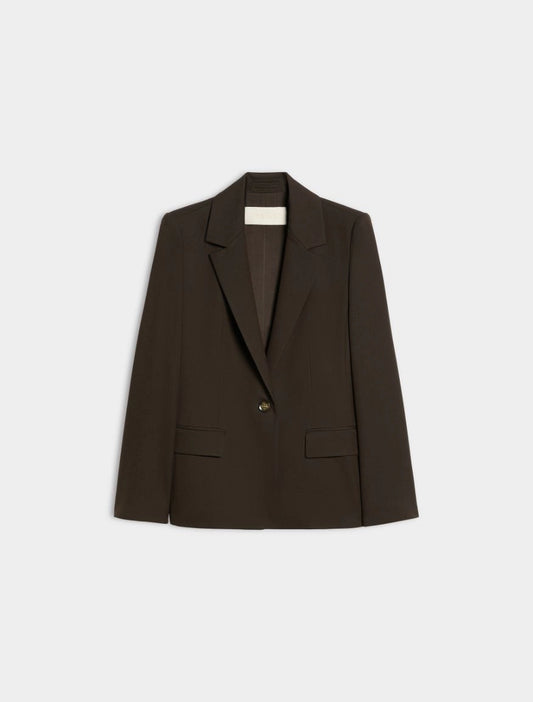 A dark brown single-breasted blazer with notch lapels and flap pockets, displayed flat against a light gray background.