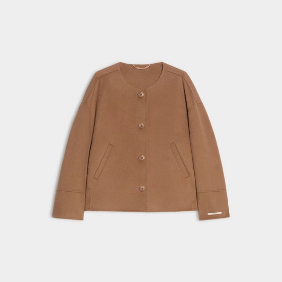 A tan wool-blend jacket with a round neckline, three-quarter sleeves, and a button-up front, displayed flat against a light gray background.