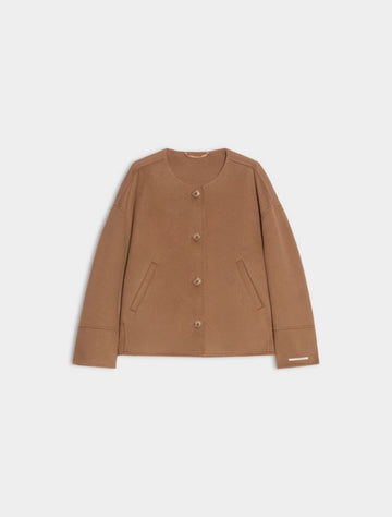 A tan wool-blend jacket with a round neckline, three-quarter sleeves, and a button-up front, displayed flat against a light gray background.