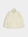 An off-white textured fleece jacket with a stand-up collar, front zipper, and two large flap pockets, shown against a light gray background.
