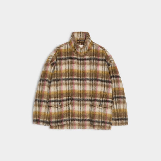 khaki and pink check coat on a white background
