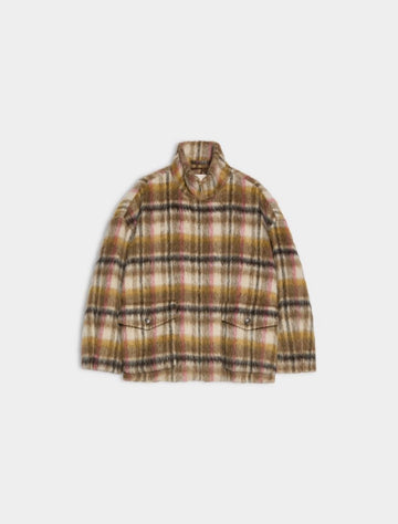 khaki and pink check coat on a white background