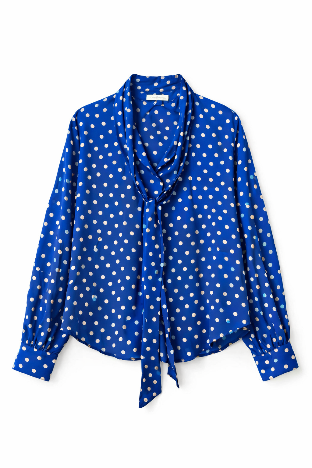 Blue polka dot blouse with a tie detail on a white background