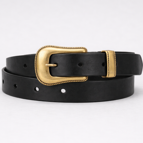 Black leather belt with a gold buckle on a white background