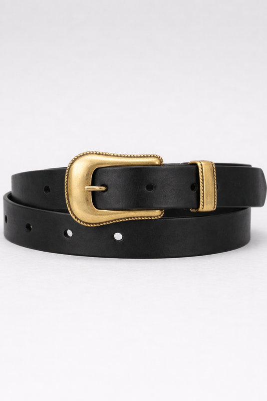 Black leather belt with a gold buckle on a white background