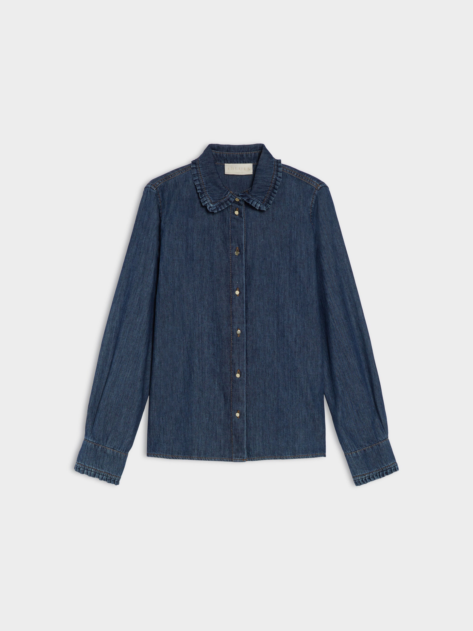 Blue denim shirt on a light gray background