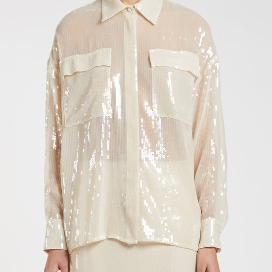 Sheer ivory sequin shirt with 2 chest pockets