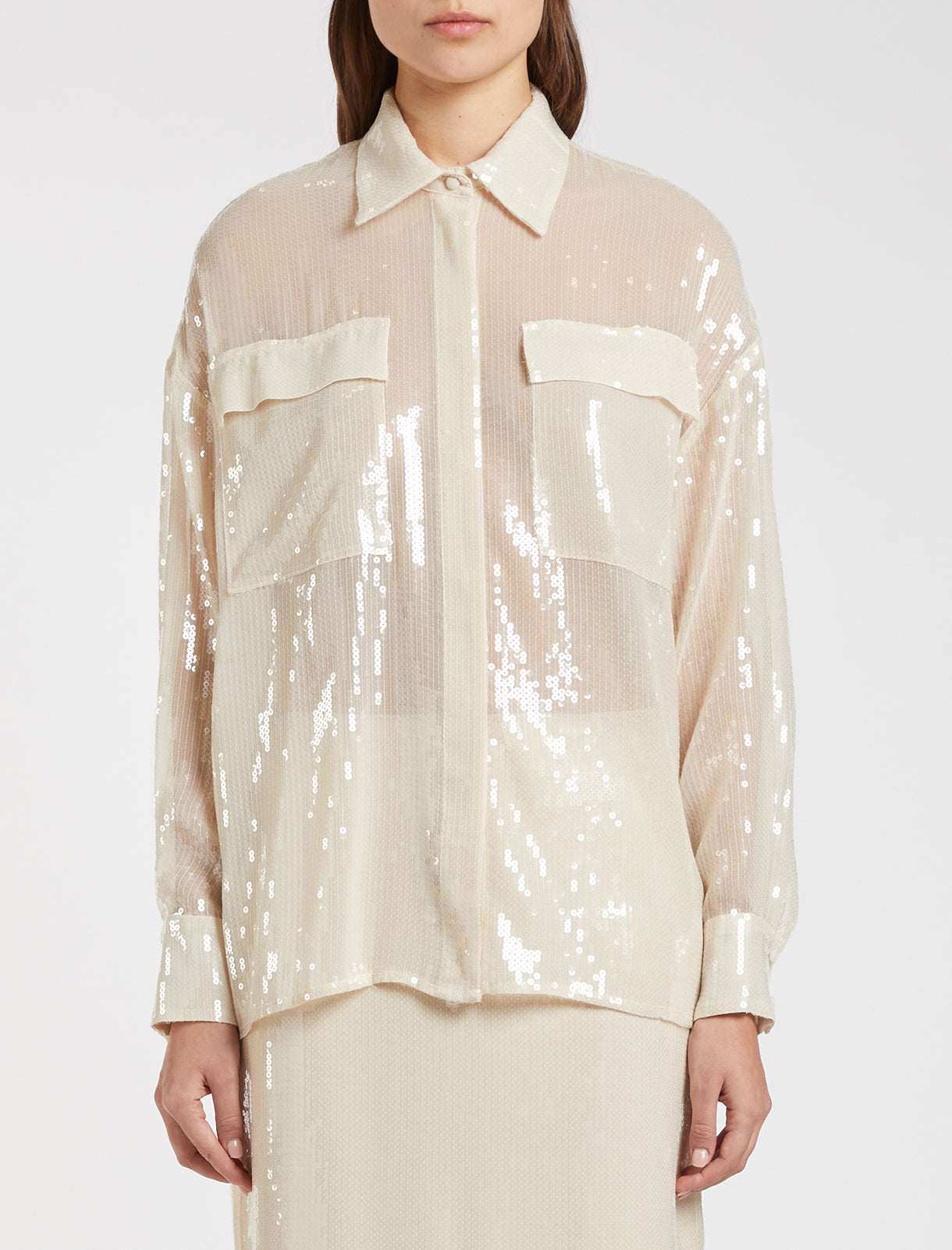 Sheer ivory sequin shirt with 2 chest pockets