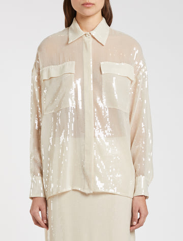 Sheer ivory sequin shirt with 2 chest pockets