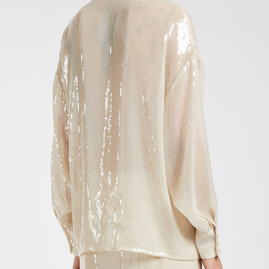 Sheer ivory sequin shirt with 2 chest pockets rear view