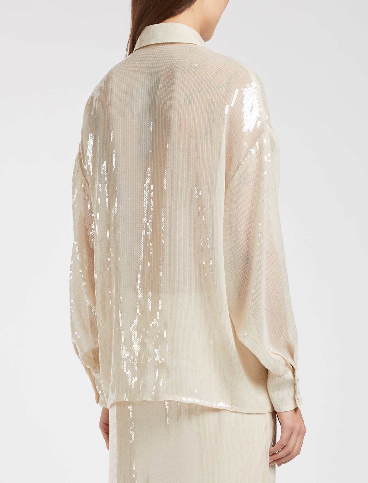 Sheer ivory sequin shirt with 2 chest pockets rear view