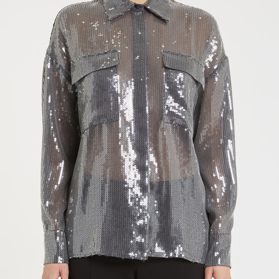 Sheer grey sequin shirt with 2 chest pockets
