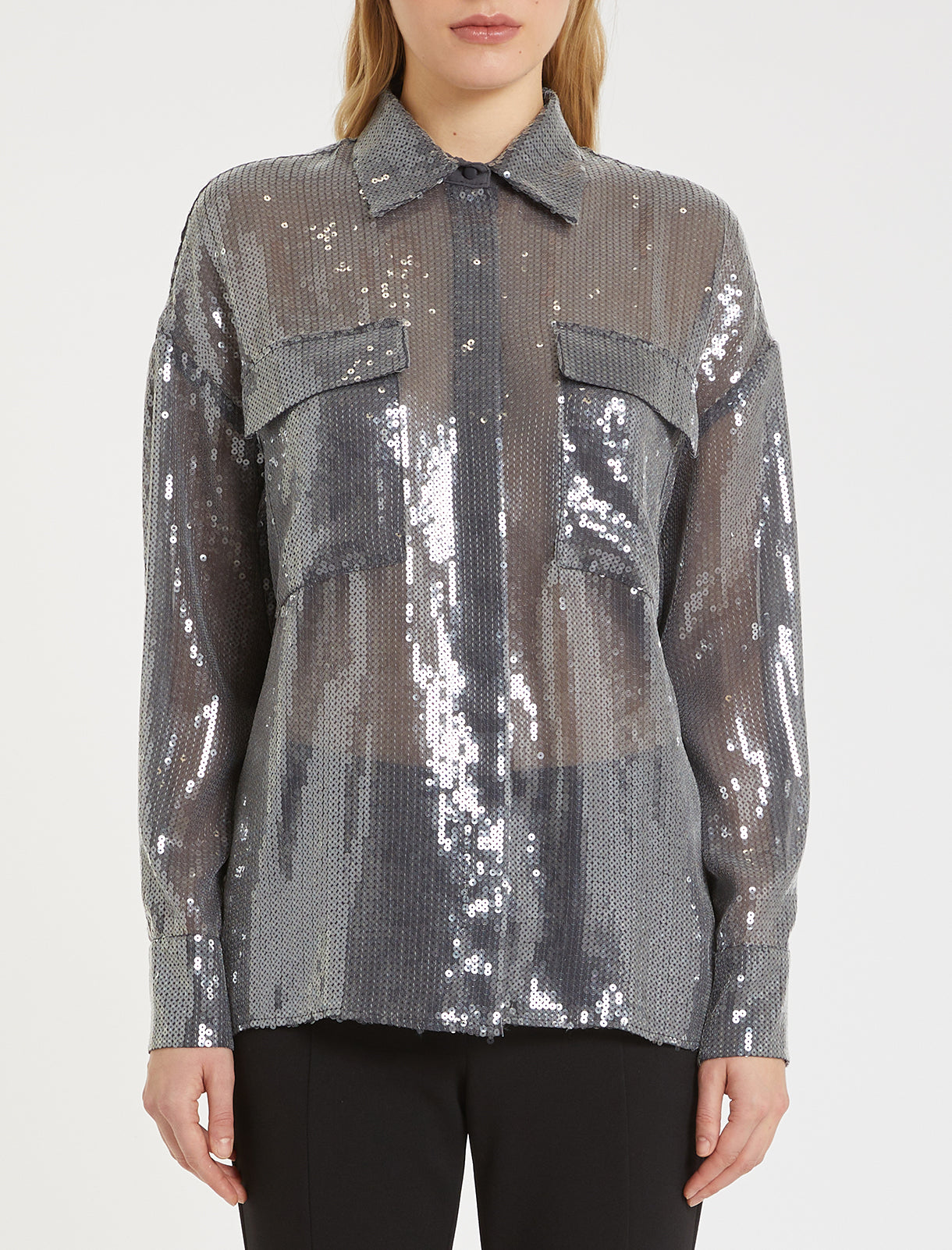Sheer grey sequin shirt with 2 chest pockets