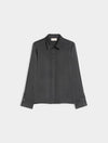 flat lay image of a grey satin shirt on a white background