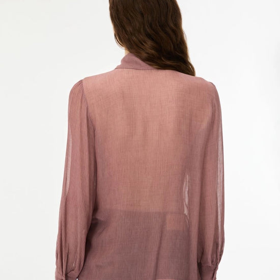A woman viewed from behind wearing a sheer, long-sleeve dusty rose blouse and dark blue patterned trousers, set against a plain white studio background.