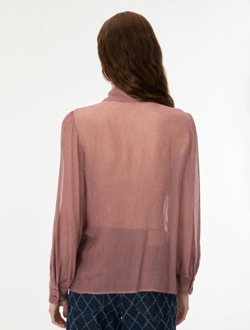 A woman viewed from behind wearing a sheer, long-sleeve dusty rose blouse and dark blue patterned trousers, set against a plain white studio background.