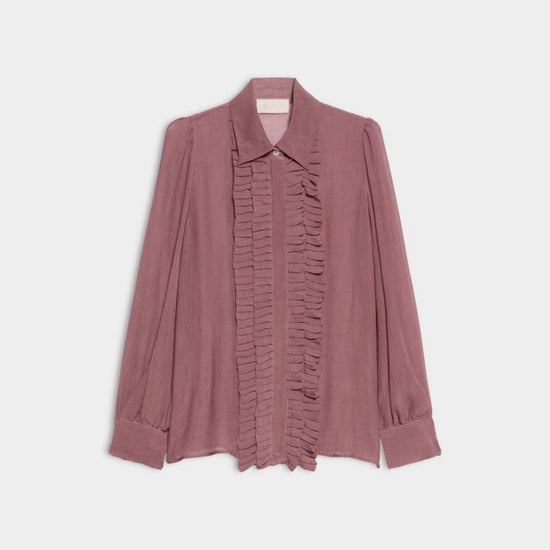 A dusty rose long-sleeve blouse with a ruffled front detail, displayed flat against a light gray background.