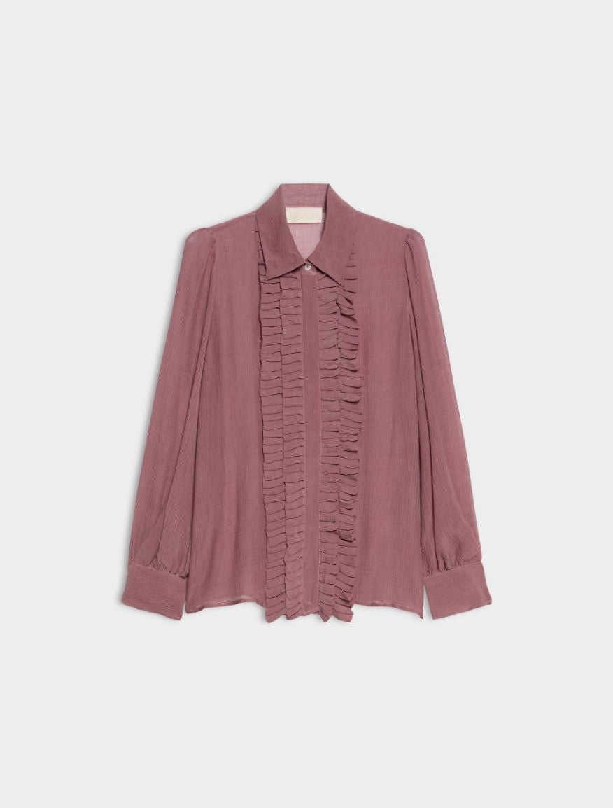 A dusty rose long-sleeve blouse with a ruffled front detail, displayed flat against a light gray background.