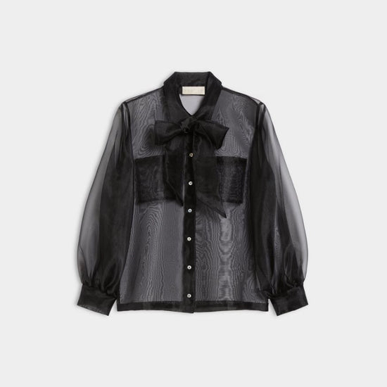 black sheer blouse with tie neck, long puffy sleeves and chest pockets