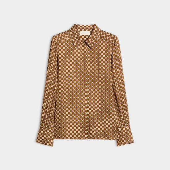 geometric brown and cream shirt on a white background