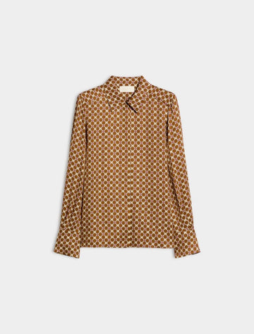 geometric brown and cream shirt on a white background