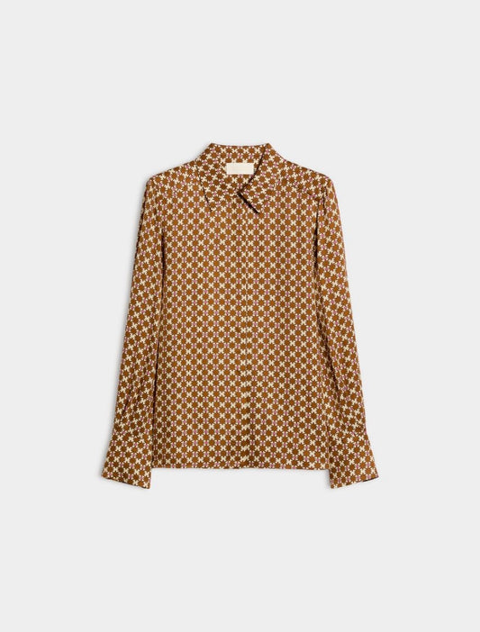 geometric brown and cream shirt on a white background