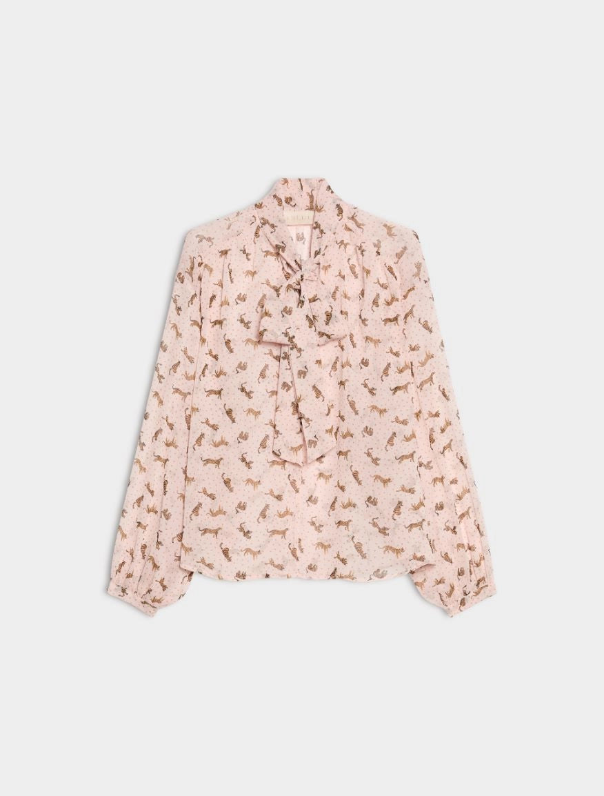 pink blouse with tigers printed on it 