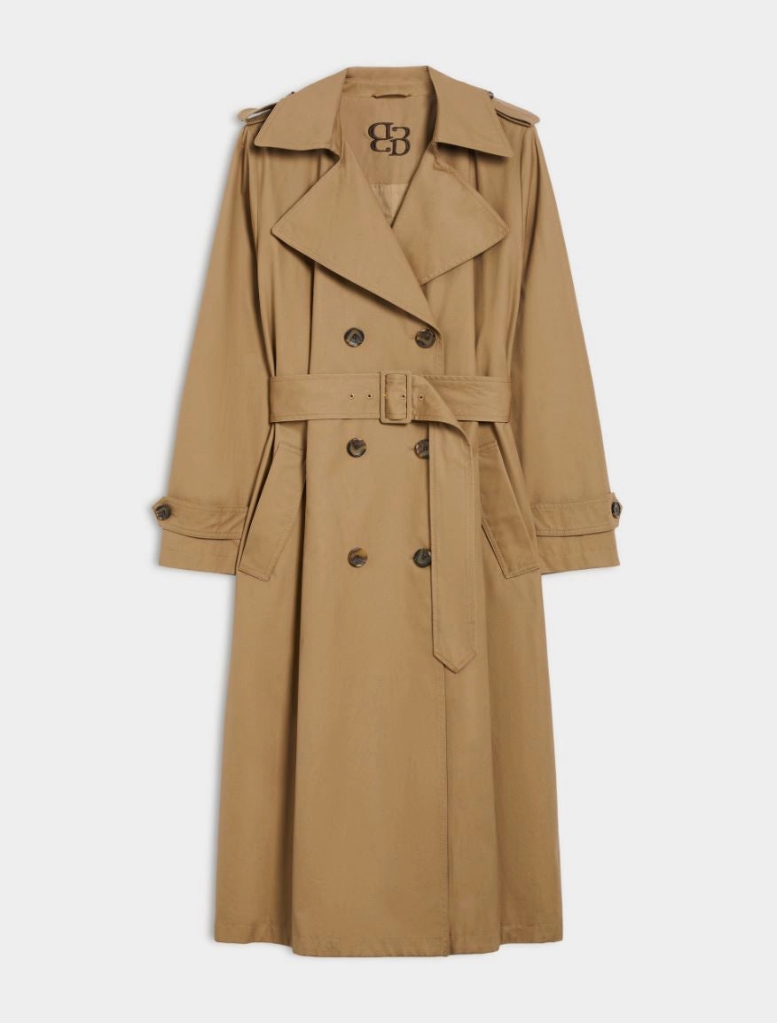 Tan trench coat with a brand logo in back of neck on a white background