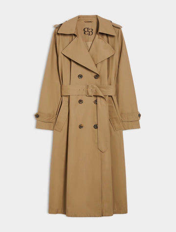 Tan trench coat with a brand logo in back of neck on a white background