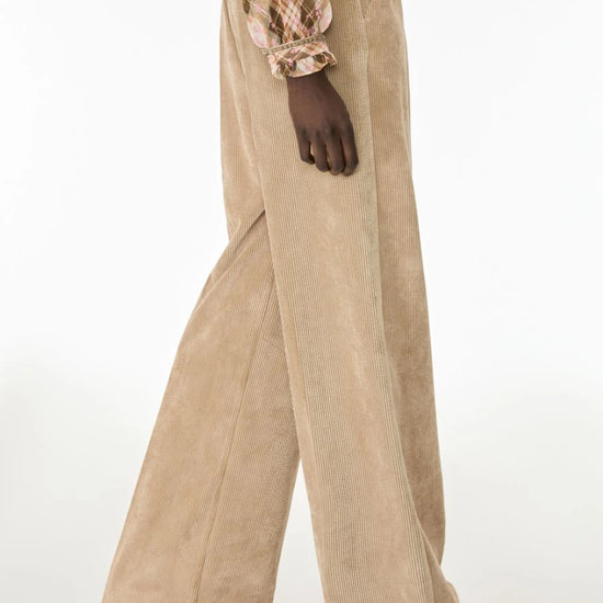 A person wearing wide-leg beige corduroy trousers with a plaid shirt and dark brown pointed-toe heels, shown from the waist down against a plain white studio background.