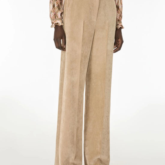 A model is shown from the waist down wearing high-waisted, wide-leg beige corduroy trousers, a brown and beige plaid shirt, and dark brown shoes against a plain white studio background.