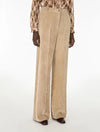 A model is shown from the waist down wearing high-waisted, wide-leg beige corduroy trousers, a brown and beige plaid shirt, and dark brown shoes against a plain white studio background.