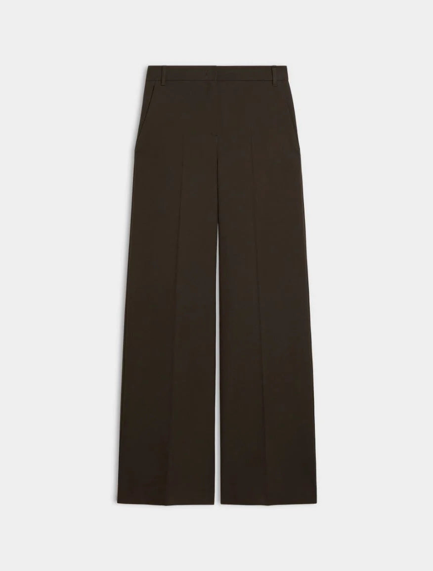 Dark brown wide-leg cropped trousers shown flat against a light gray background.