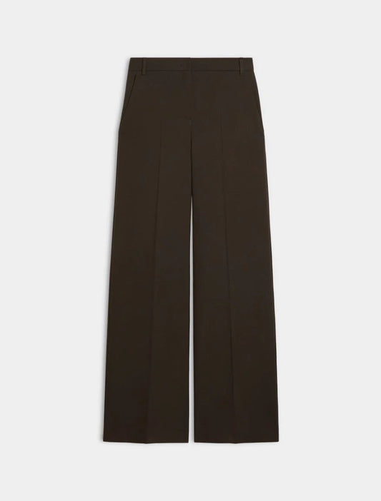 Dark brown wide-leg cropped trousers shown flat against a light gray background.