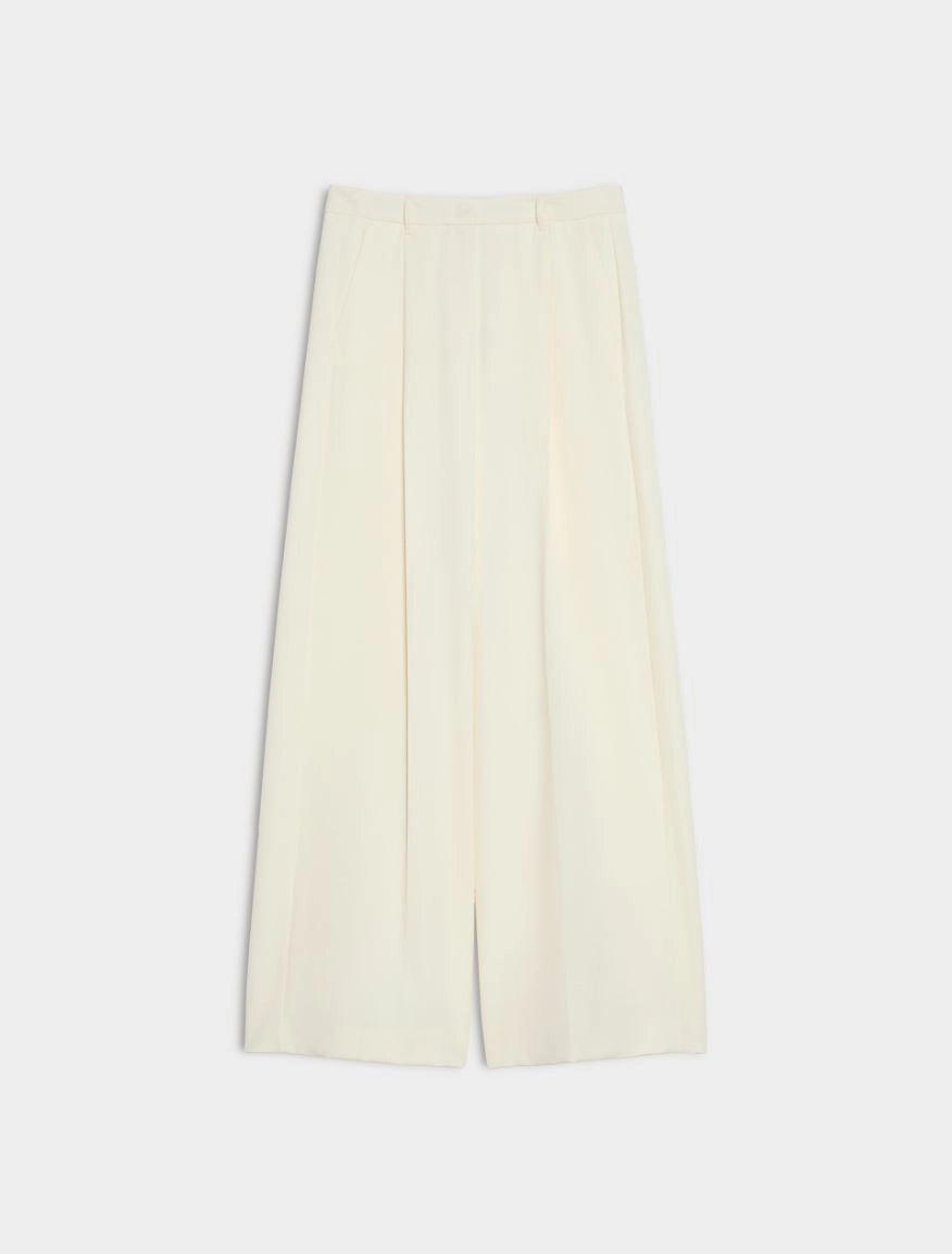 A pair of off-white wide-leg cropped trousers with a high waist and front pleats, displayed flat against a light gray background.