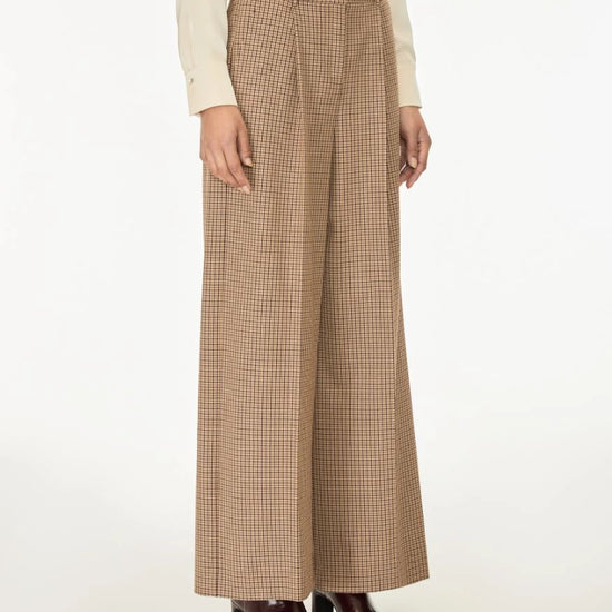 Brown check wide leg trousers on a white background side view
