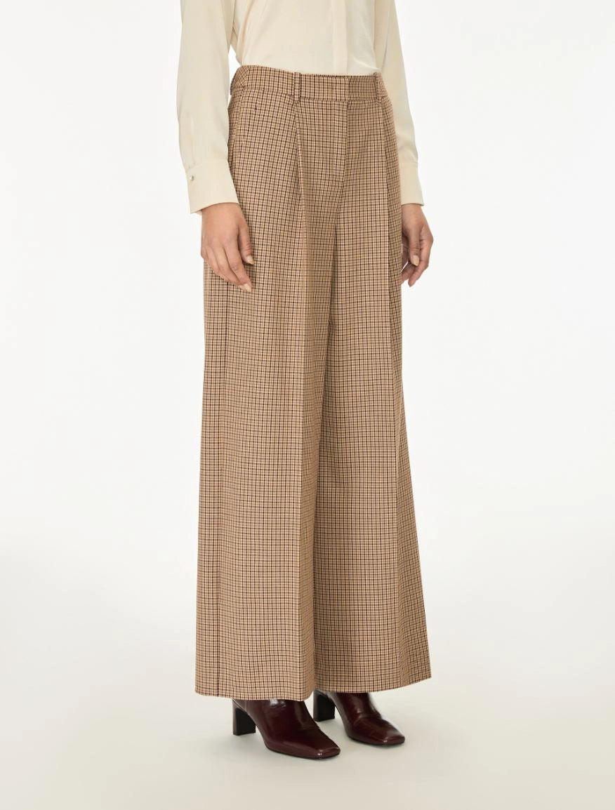 Brown check wide leg trousers on a white background side view