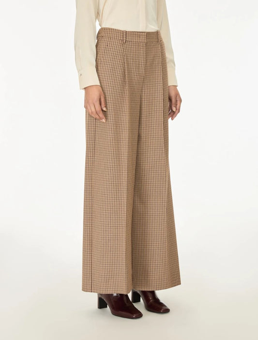 Brown check wide leg trousers on a white background side view