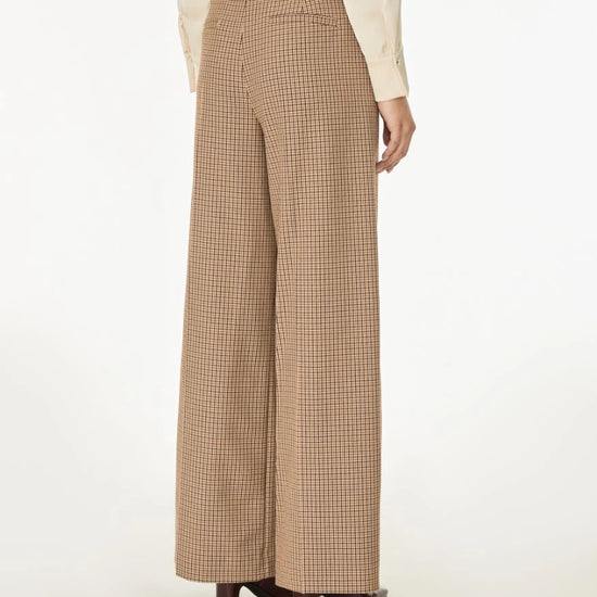 Brown check wide leg trousers on a white background rear view