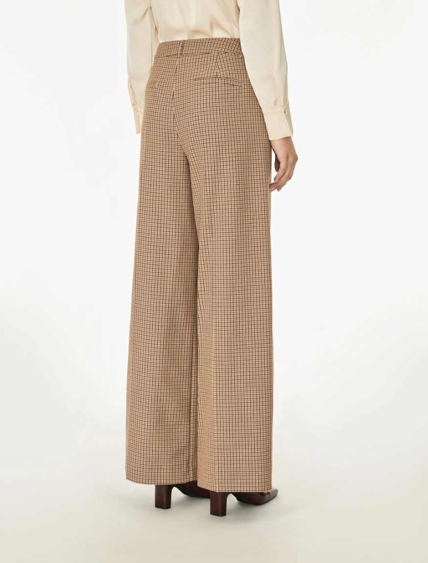Brown check wide leg trousers on a white background rear view