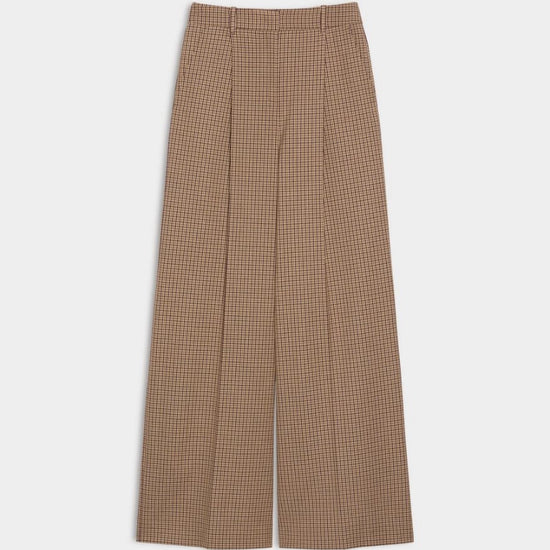 Brown check wide leg trousers on a white background